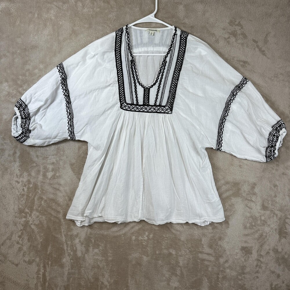 Max Studio Tunic Top Womens Small White Embroidered Boho 3/4 Sleeve Blouse